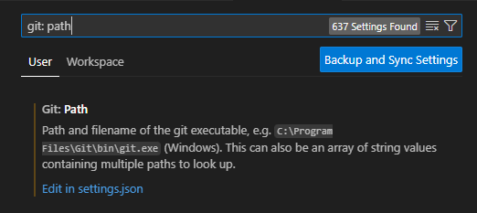 Screenshot della barra di ricerca delle impostazioni di Visual Studio Code per il percorso Git.