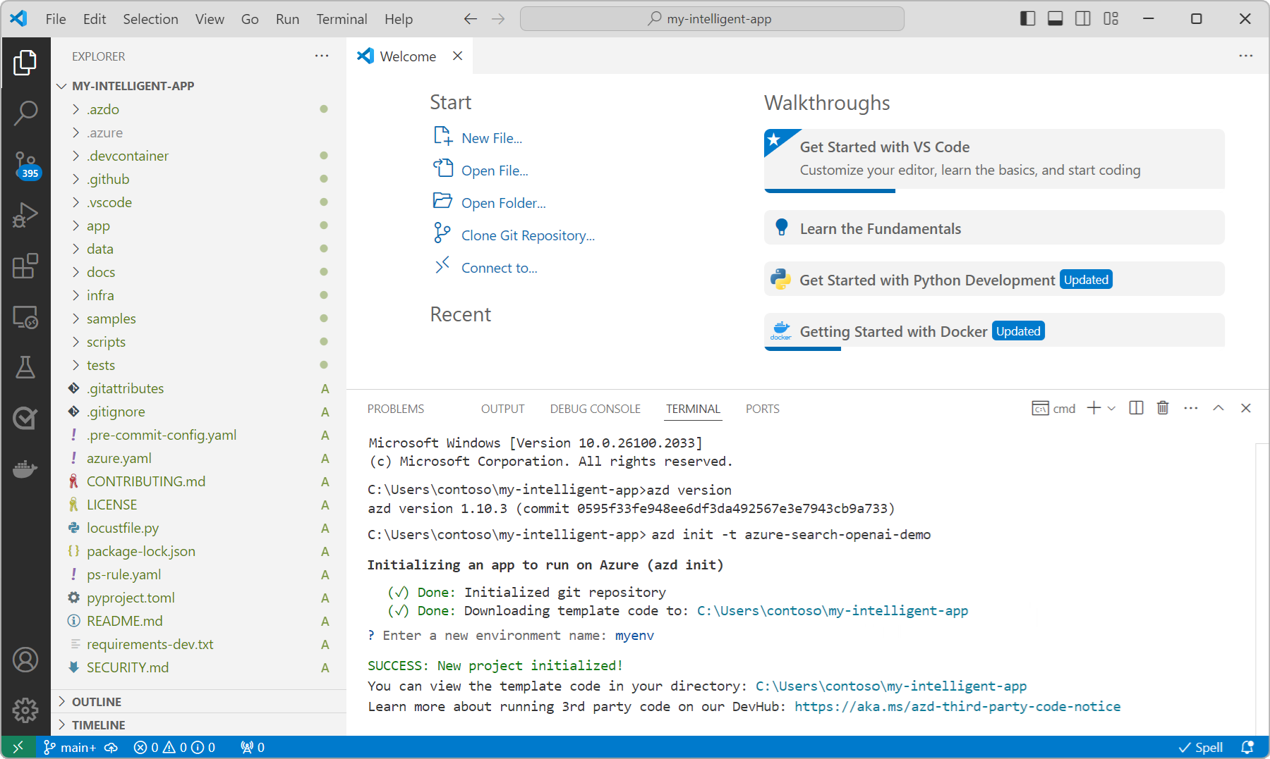 Screenshot della directory del progetto my-intelligent-app aperta nella visualizzazione Esplora in Visual Studio Code.