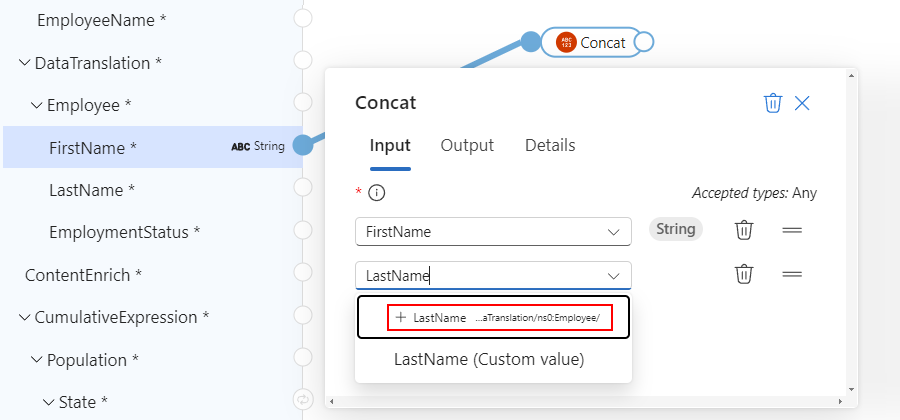 Screenshot che mostra più elementi di origine come input di funzione.