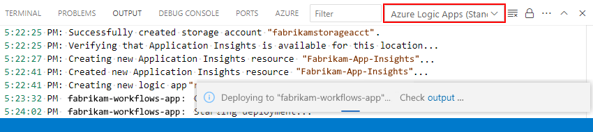 Screenshot che mostra la finestra di output e l'elenco di ambiti con App per la logica di Azure Standard selezionato insieme agli stati e al progresso della distribuzione.