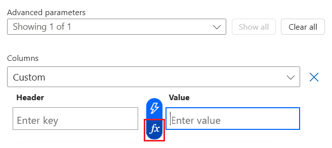 Screenshot che mostra il flusso di lavoro Standard, il parametro Columns, l'espressione Function selezionata per il campo Valore colonna.