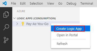 Screenshot che mostra il menu di scelta rapida della sottoscrizione e Crea app per la logica.