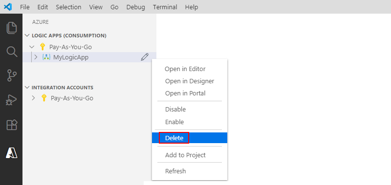 Screenshot che mostra Visual Studio Code e come eliminare una risorsa dell'app per la logica.