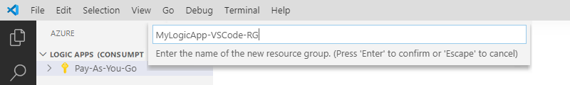 Screenshot che mostra un nuovo nome del gruppo di risorse di Azure immesso.