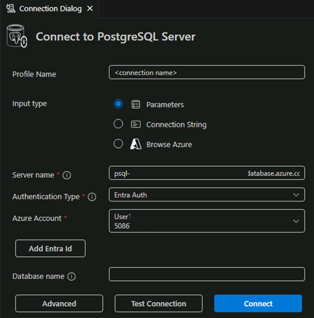 Screenshot della finestra di dialogo di connessione dell'estensione PostgreSQL per Visual Studio Code.