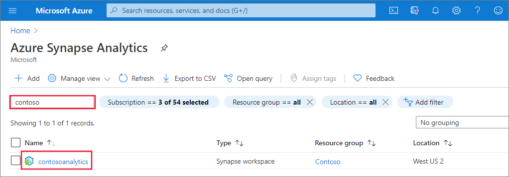 Screenshot delle aree di lavoro di Synapse filtrate per mostrare quelli contenenti il nome Contoso.