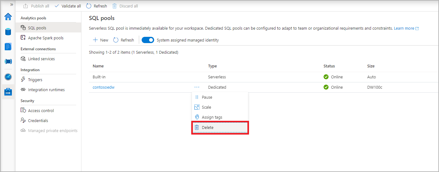 Screenshot di tutti i pool SQL con il pool creato di recente selezionato.