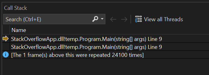 StackOverflow callstack di Visual Studio.