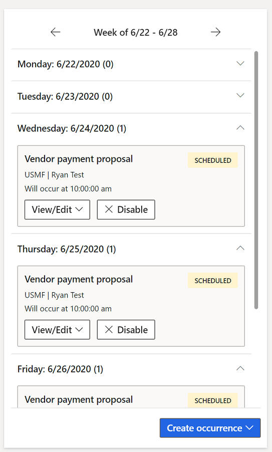Screenshot della visualizzazione del calendario di automazione del processo.