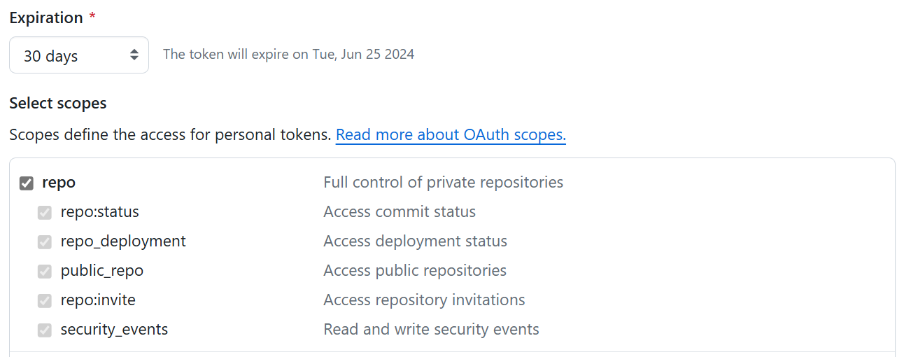 Screenshot degli ambiti dei token classici di GitHub.