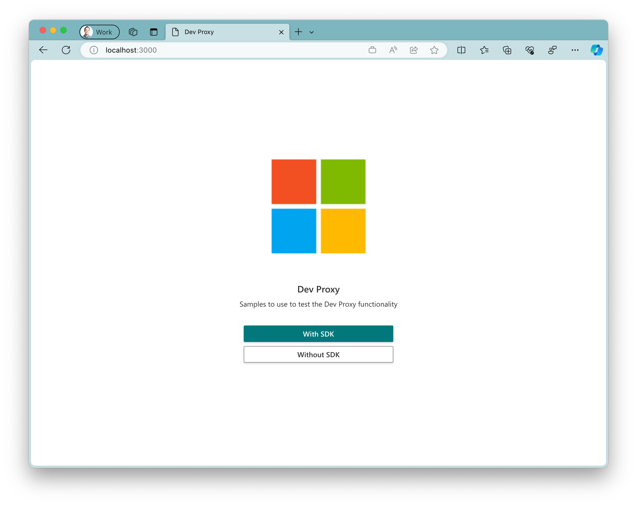 Screenshot dell'app di esempio in esecuzione nel browser Microsoft Edge in macOS. L'app mostra un grande logo Microsoft con due pulsanti sotto di esso. Pulsante principale con il testo 