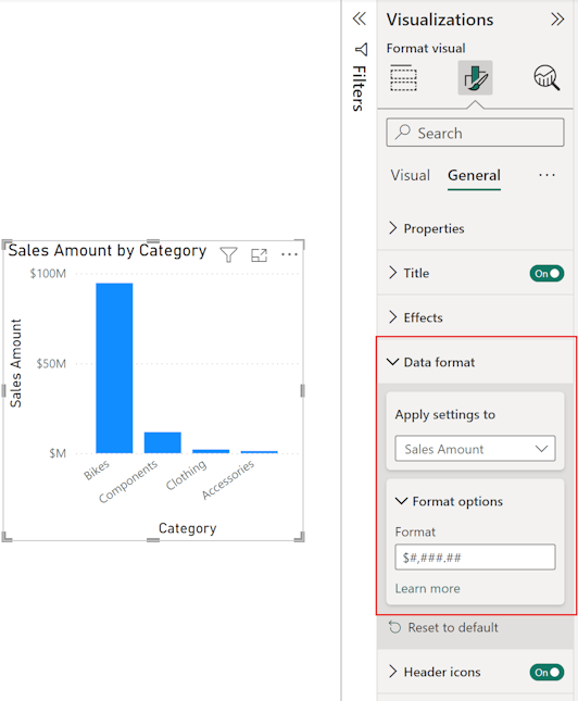Screenshot del riquadro di formattazione per un elemento visivo, che mostra le impostazioni del formato dei dati nella sezione Generale.