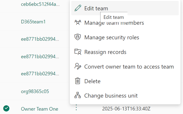 Screenshot della selezione dell'opzione di modifica per un team.