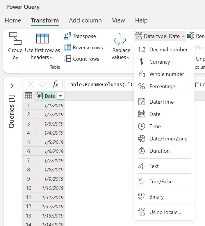 Screenshot del menu dei tipi di dati nella scheda Trasforma.