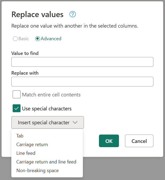 Screenshot delle opzioni avanzate di sostituzione valori con l'opzione dei caratteri speciali selezionata.