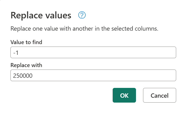 Screenshot dei valori di sostituzione di base per una colonna non di testo.