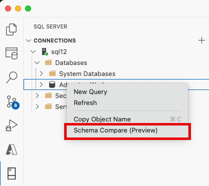 Screenshot della voce di menu Confronto schema in Esplora oggetti di Visual Studio Code.
