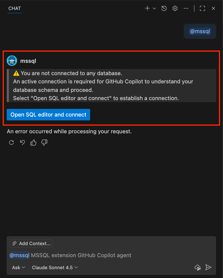 Screenshot che mostra il partecipante @mssql chat che non rileva alcuna connessione al database e richiede all'utente di connettersi.