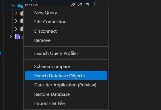 Screenshot dell'opzione Cerca oggetti di database nel menu contestuale Esplora oggetti.