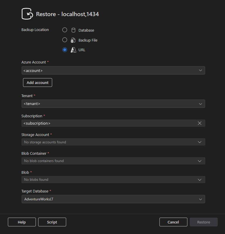 Screenshot della finestra di dialogo Ripristina con l'opzione URL selezionata che mostra i campi di configurazione di Azure.