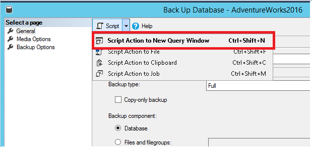 Screenshot dell'azione script backup-script del database.