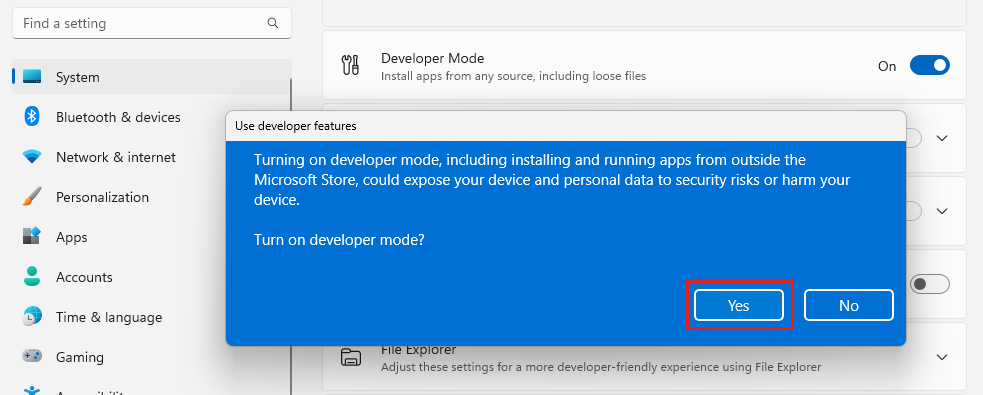 Screenshot che mostra la finestra di dialogo Impostazioni con l'opzione per abilitare la modalità sviluppatore.