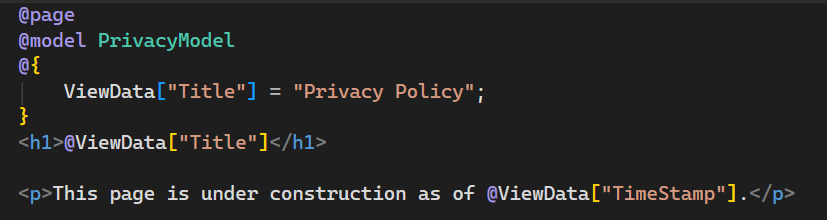 Screenshot mostra il file Privacy.cshtml aperto nell'editor di Visual Studio Code con il testo aggiornato.