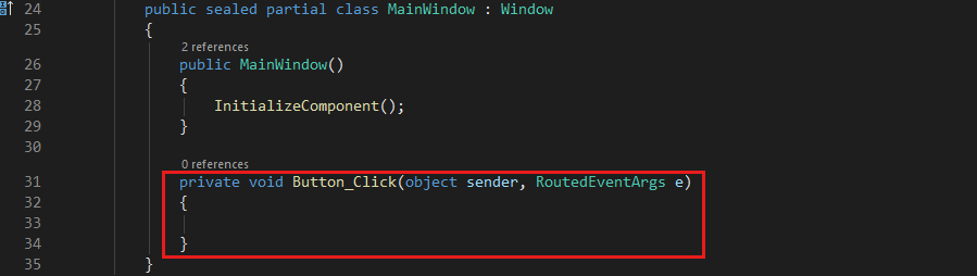 Screenshot che mostra il codice C# per il gestore eventi Button_Click predefinito.