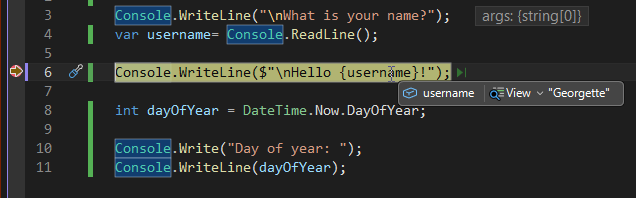 Screenshot che mostra un valore di variabile durante il debug in Visual Studio.