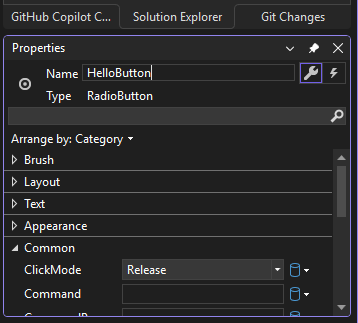 Screenshot che mostra la finestra Proprietà di Esplora soluzioni per il RadioButton 'HelloButton'.