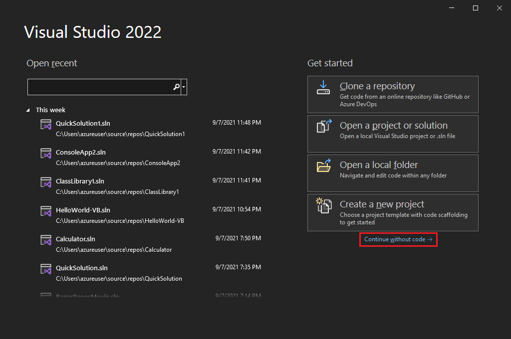 Screenshot della schermata Start Visual Studio, con il collegamento Continua senza codice evidenziato.