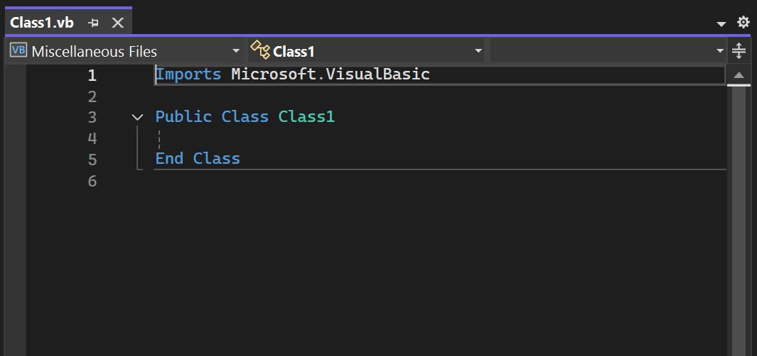 Screenshot di un nuovo file di classe Visual Basic nell'editor di codice di Visual Studio.