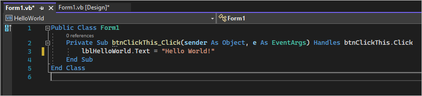 Screenshot mostra una classe nella scheda Form1.vs in cui è possibile aggiungere codice Visual Basic.