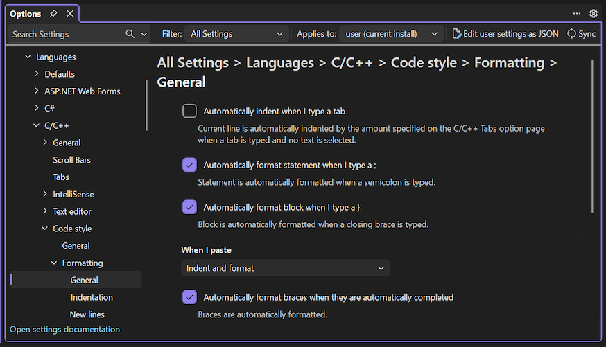 Screenshot delle opzioni di formattazione generali per lo stile del codice C e C++.