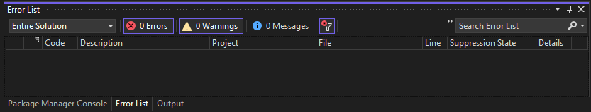Screenshot dell'elenco degli errori in Visual Studio.