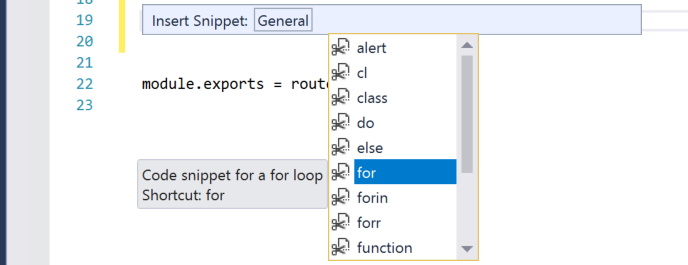 frammento di codice per un ciclo for in Visual Studio