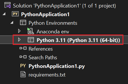 Screenshot che mostra come Visual Studio mostra il nome dell'ambiente attivo in un carattere in grassetto in Esplora soluzioni.
