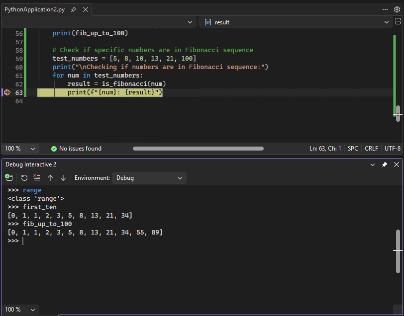 Screenshot che illustra come usare la finestra Python Debug interattivo in Visual Studio.