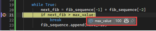 Screenshot che mostra il valore datatips per una variabile nel debugger Visual Studio.