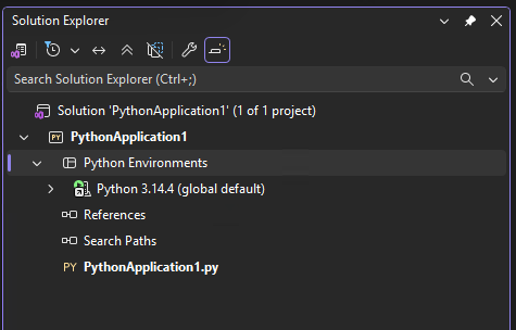 Screenshot che mostra l'ambiente di Python predefinito globale per un progetto in Esplora soluzioni in Visual Studio.