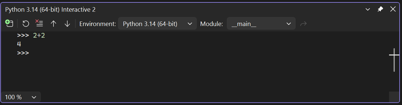 Screenshot che mostra come testare il supporto python usando la finestra interattiva.