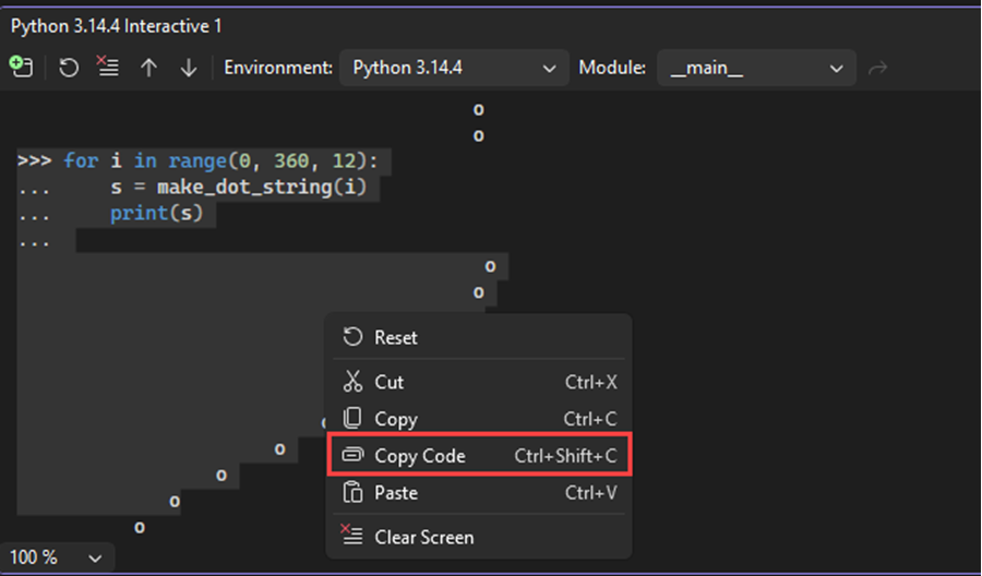 Screenshot che mostra il comando Interactive Window copy code (Copia codice finestra interattiva) in una selezione che include prompt e output in Visual Studio.