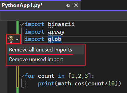 Screenshot che mostra come accedere alle opzioni per rimuovere le importazioni inutilizzate in Visual Studio 2022.