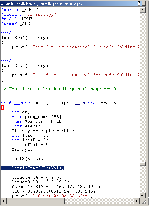 Screenshot della finestra Origine in WinDbg, che mostra un file di origine caricato.