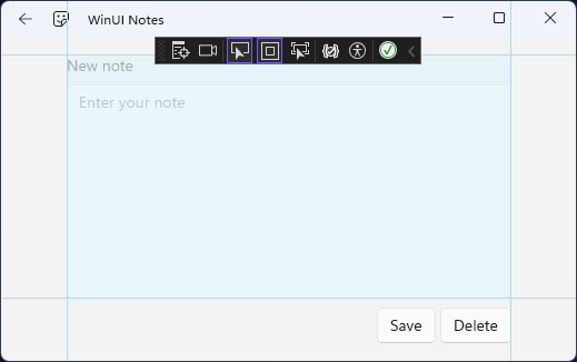  La nuova interfaccia utente della pagina delle note con la griglia evidenziata da Visual Studio.