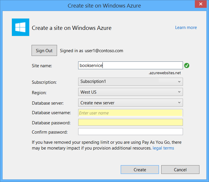 [Windows Azure でのサイトの作成] ダイアログのスクリーンショット。[データベースのユーザー名] フィールドと [データベース パスワード] フィールドが黄色で強調表示されています。
