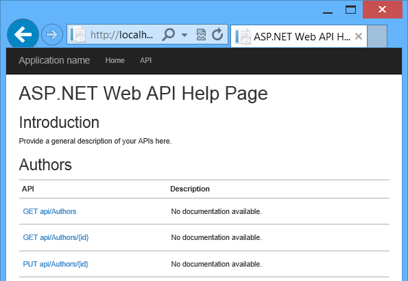 API 機能のドキュメントへのリンクの一覧を示す自動生成されたヘルプ ページのスクリーンショット。