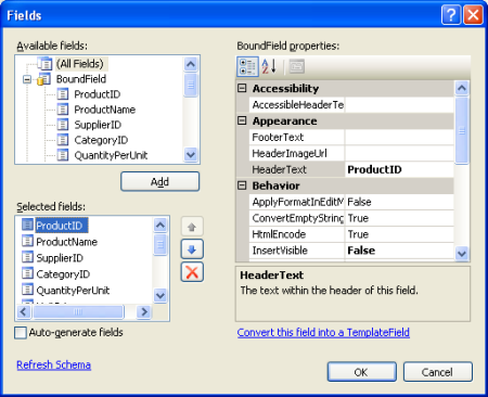 [列の編集] ダイアログ ボックスを使用して GridView の BoundFields を管理する