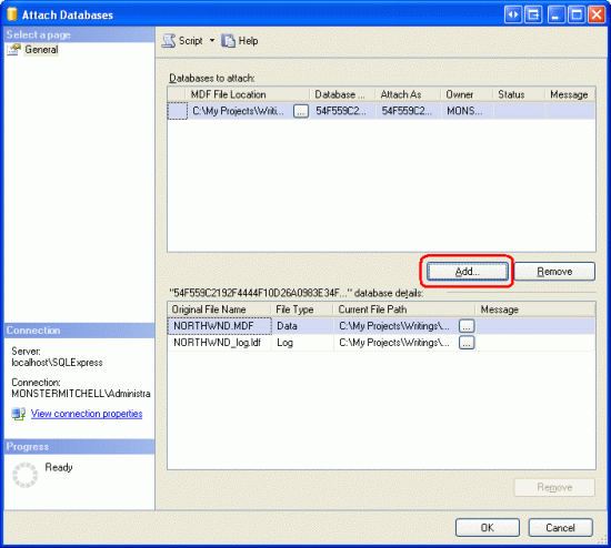 App_Data フォルダーから NORTHWND.MDF データベースをアタッチします