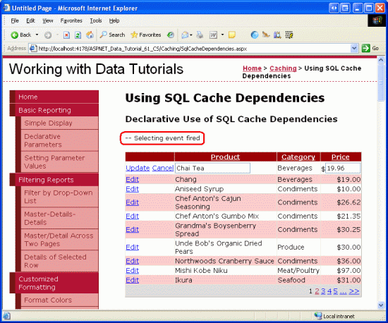 ObjectDataSource の選択イベントは、GridView がページング、編集、または並べ替えられるたびに発生します
